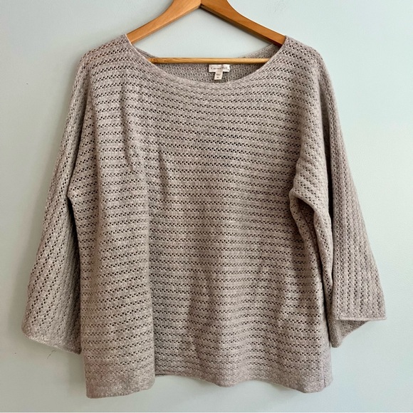 Garnet Hill Cashmere NWT Gray Sweater XL Pointelle Open Knit 3/4 Sleeves